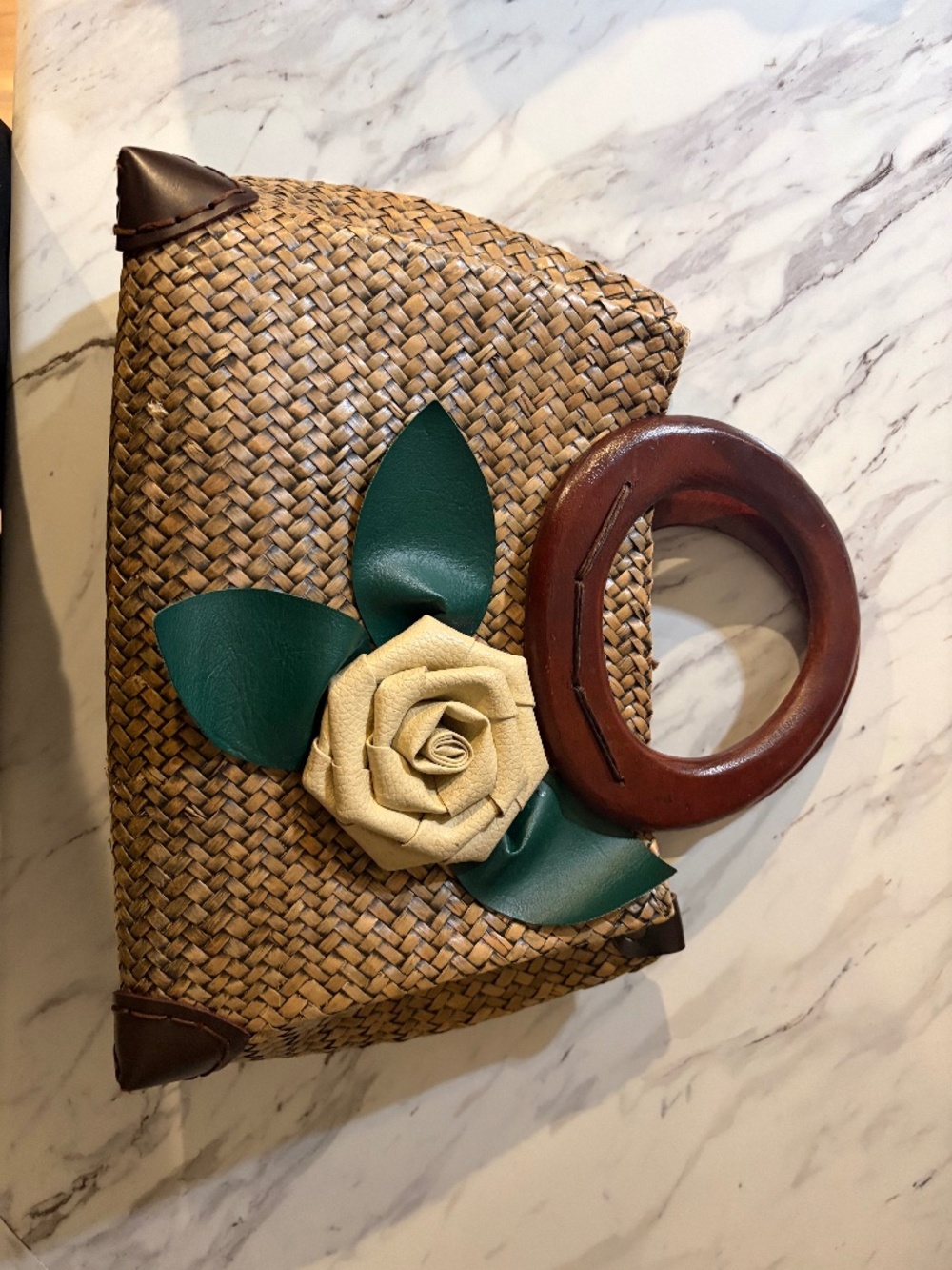 Woven Straw Handbag with Wooden Handles and Rose Detail